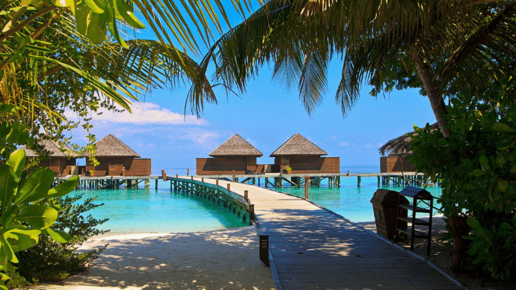 an aerial view of an overwater bungalow at sunset in the maldives